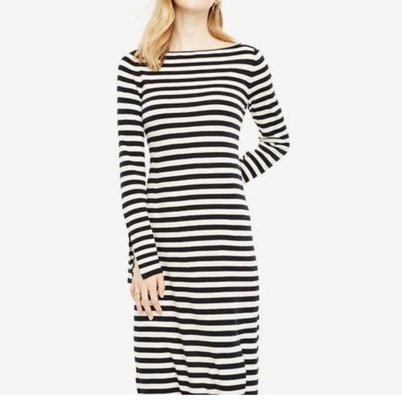 Ann Taylor Striped Sweater Dress Large Long Sleeve Boat Neck Wool Midi Dress - Picture 1 of 10